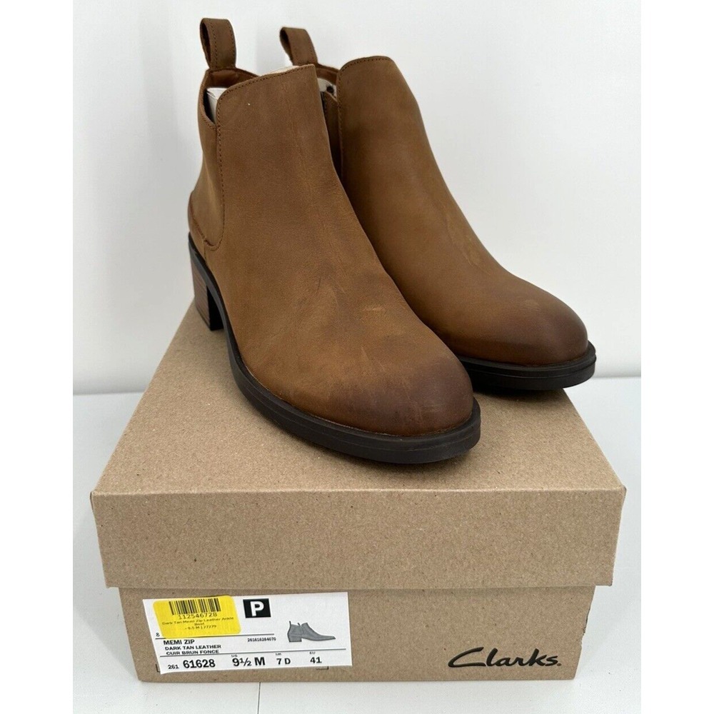 CLARKS MEMI ZIP LEATHER ANKLE BOOTS Women's Size 9.5 M Dark Tan Block Heel
